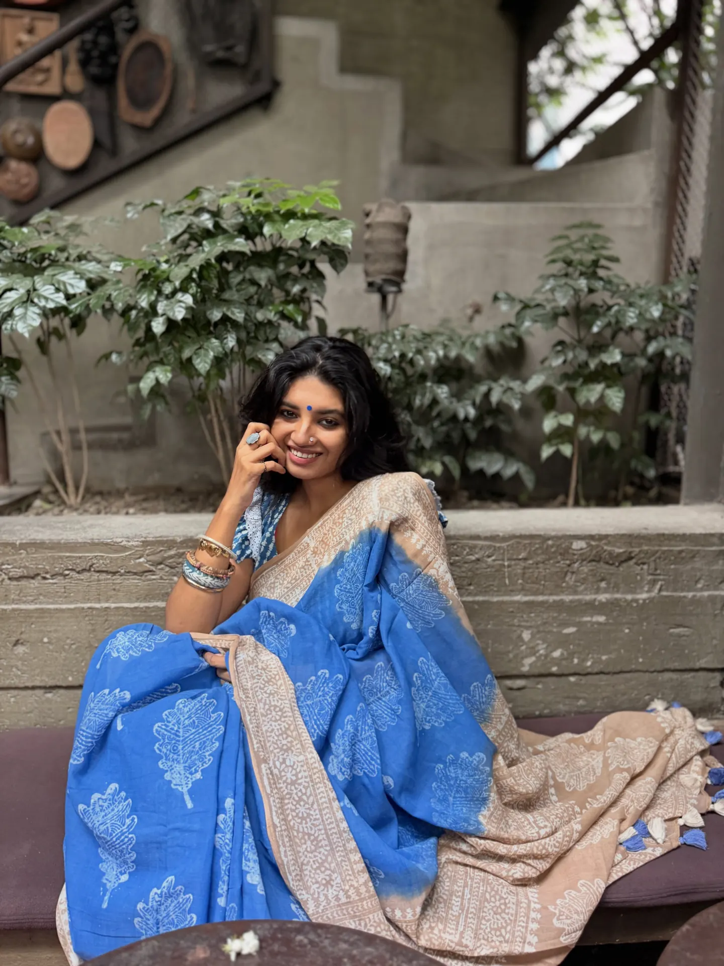 Cobalt & Sand Handloom Cotton — Natural Dye Cotton saree