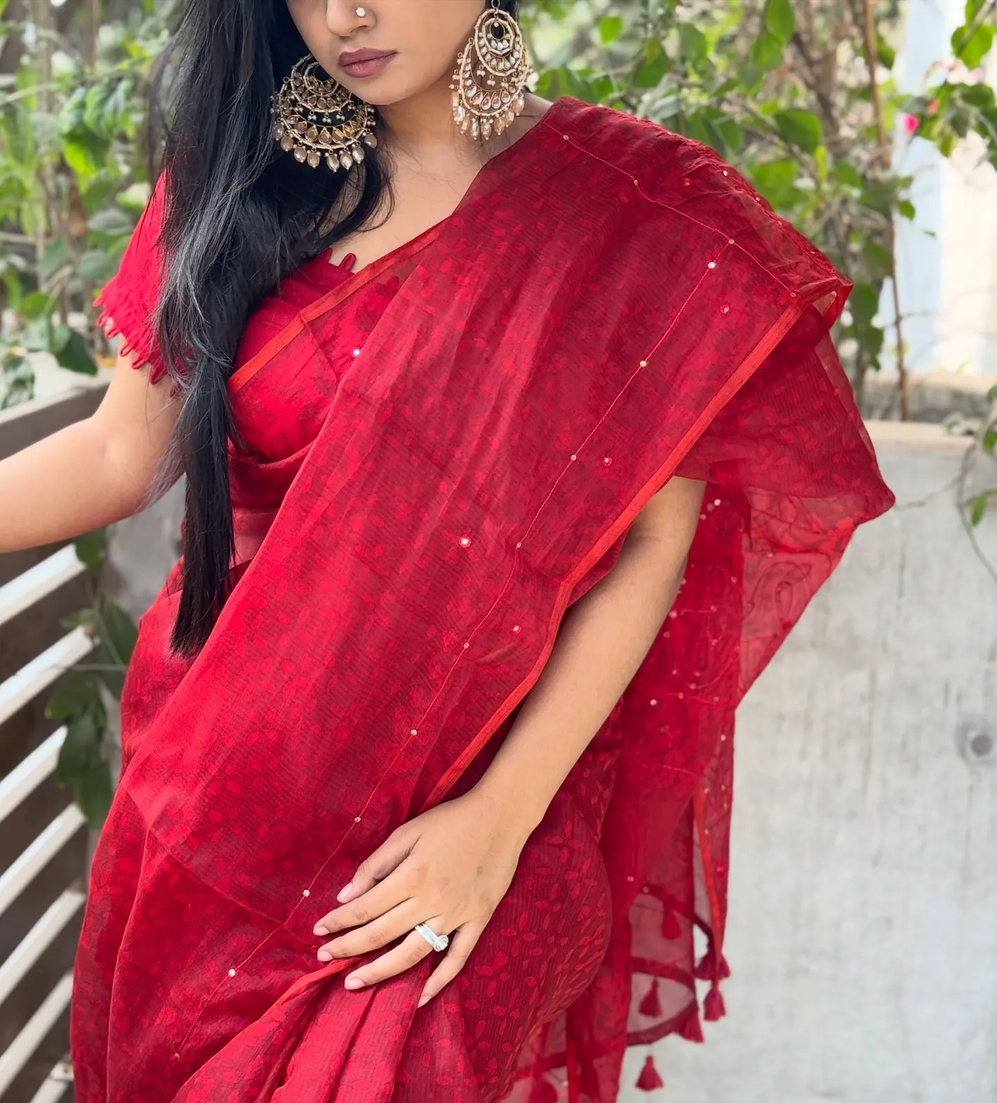 Red Semi Muslin Kaarchupi — Semi Muslin Kaarchupi saree